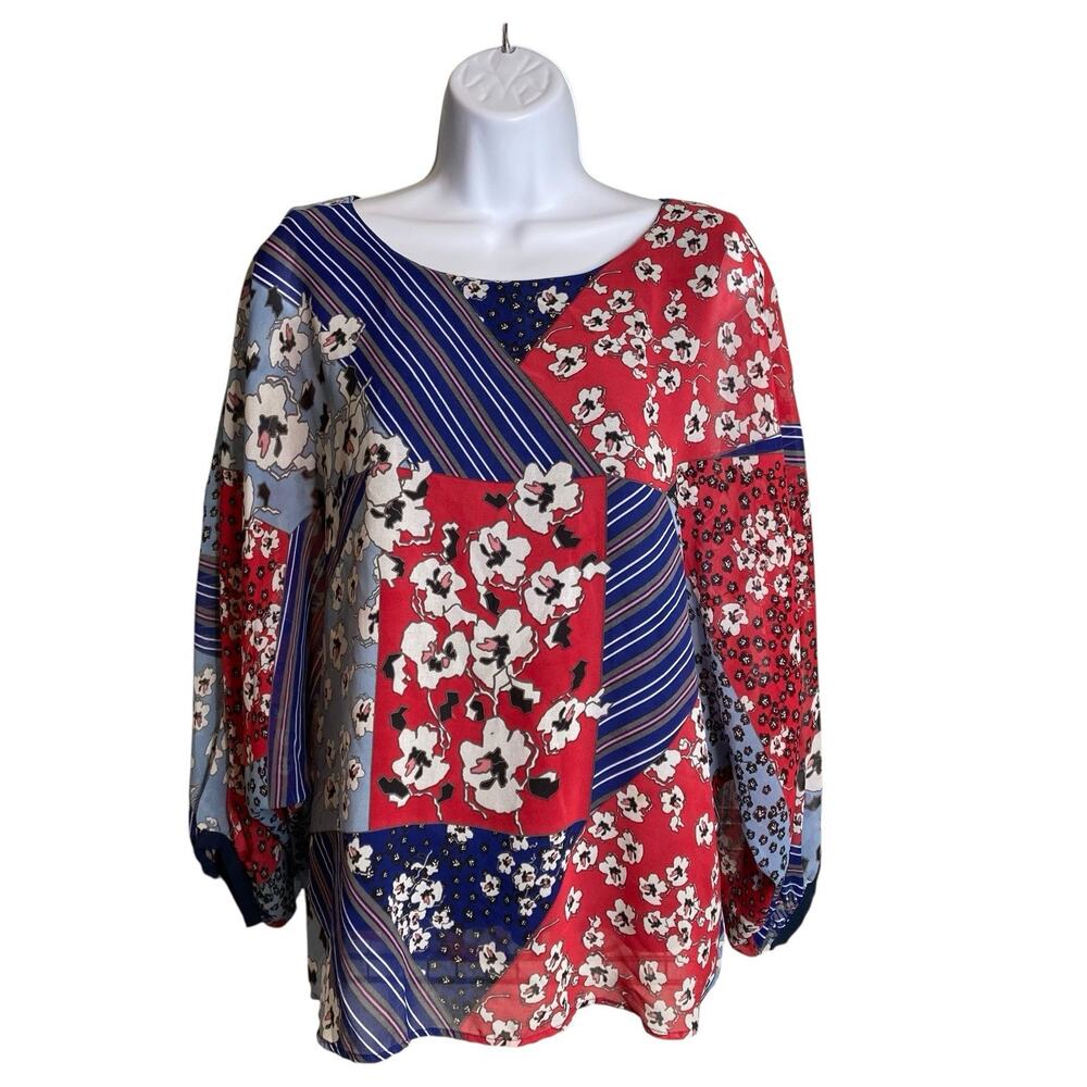 Vintage ESPRIT Women's Red Blue Floral Patchwork Blouse Size S Cottagecore Boho